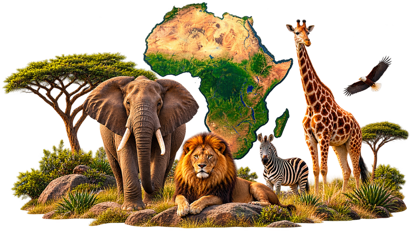Illustration of African wildlife and savanna landscapes forming the shape of the African continent